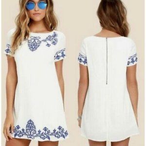 LULUS Tale to Tell Blue & Ivory Embroidered Shift Mini Dress Sz S